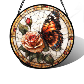 DASTOLL stained glass window hanging with butterfly and flowers catching sunlight.