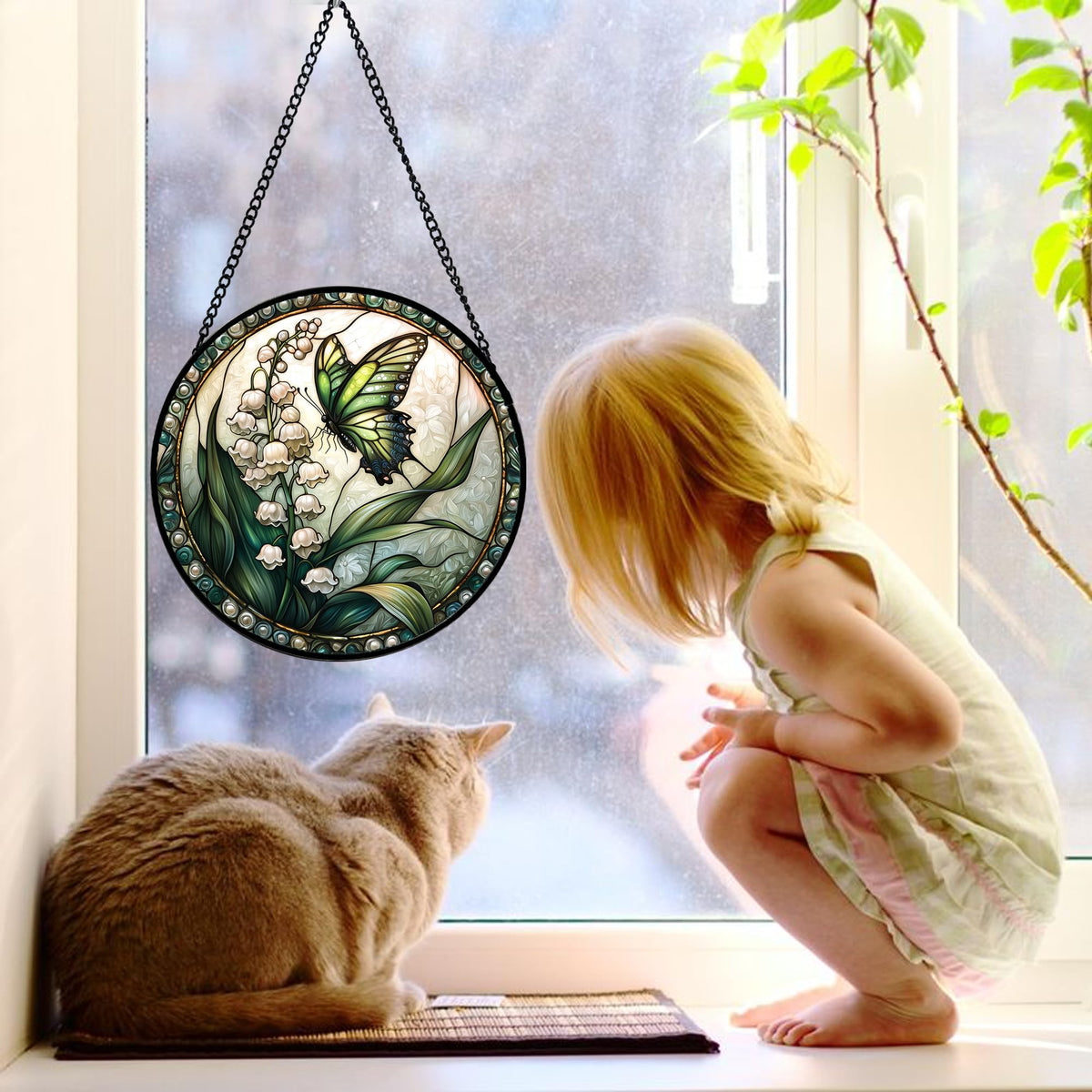 DASTOLL stained glass window hanging with chain enhances natural light display