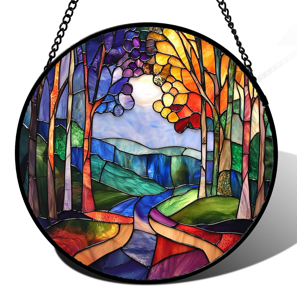 DASTOLL stained glass window hanging with colorful forest landscape brightens sunlit windows