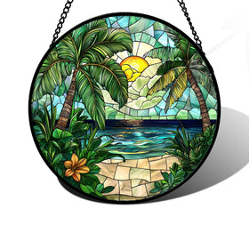 DASTOLL stained glass window hanging with green beach scenery brightens sunlit windows