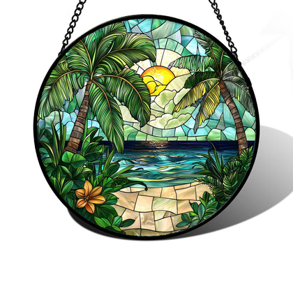 DASTOLL stained glass window hanging with green beach scenery brightens sunlit windows