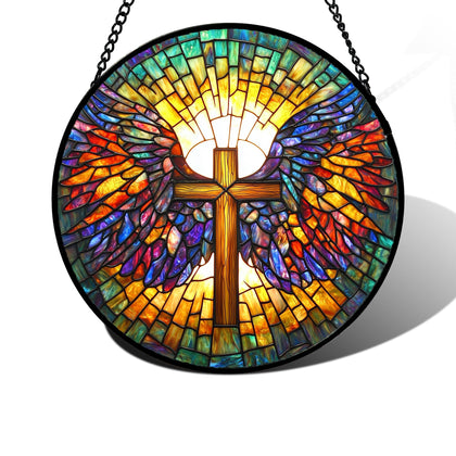DASTOLL stained glass window hanging jesus cross wings glows in sunlight