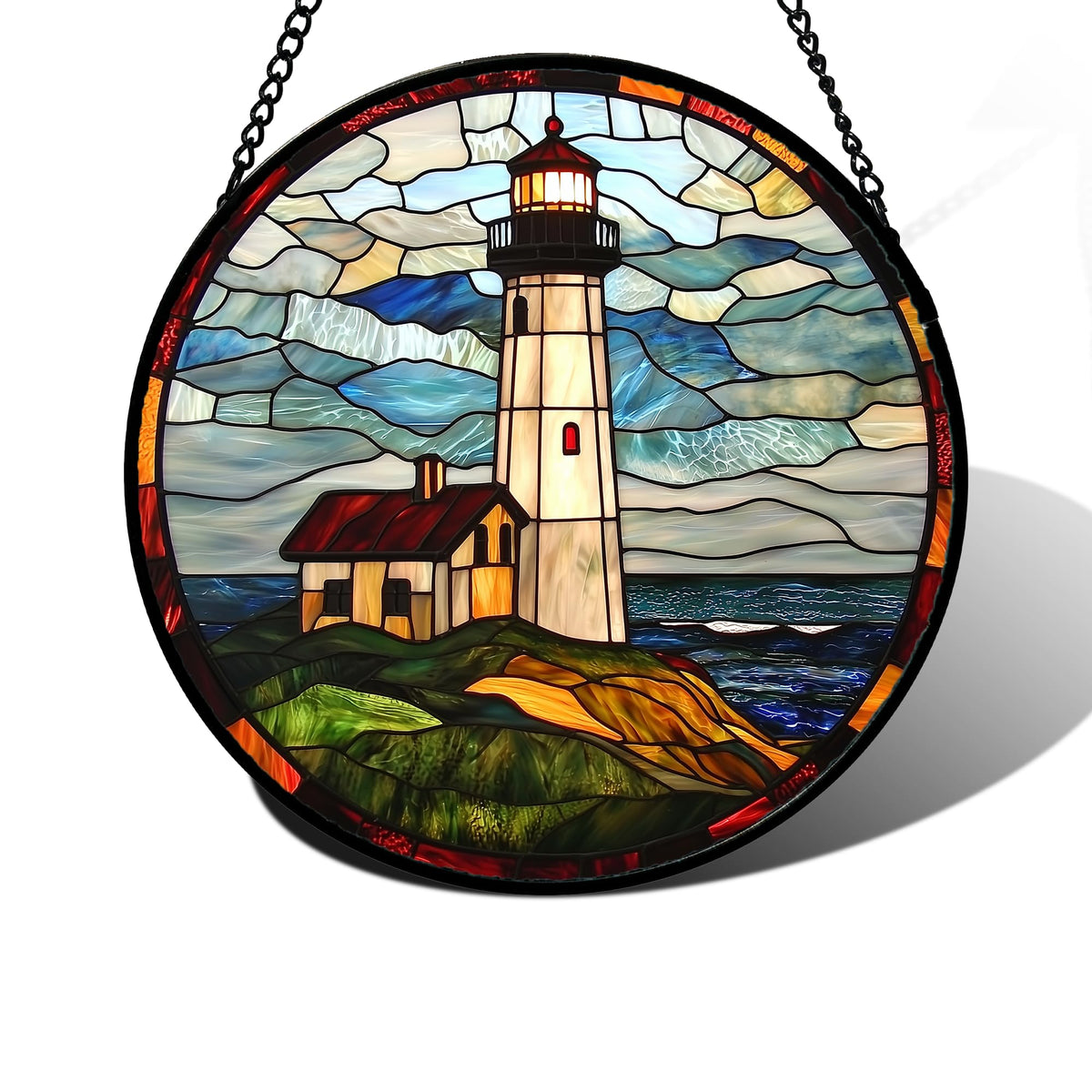 DASTOLL stained-glass window hanging Ocean Lighthouse in blue-green glass for sunny indoor decor.