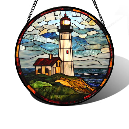 DASTOLL stained-glass window hanging Ocean Lighthouse in blue-green glass for sunny indoor decor.