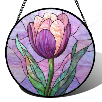 DASTOLL purple tulips stained glass suncatcher in sunny window adds vibrant color