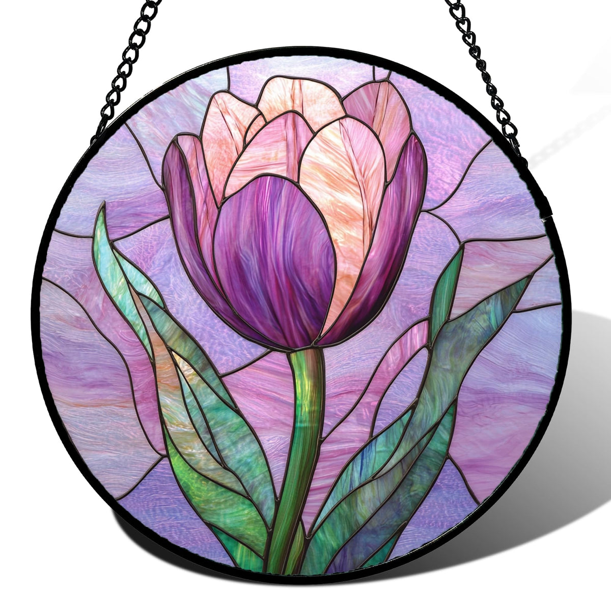 DASTOLL purple tulips stained glass suncatcher casts a warm color glow.