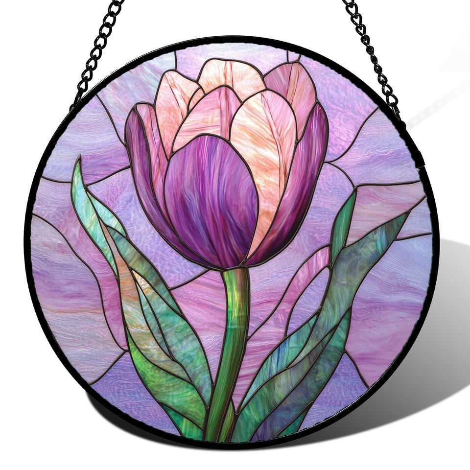 DASTOLL purple tulips stained glass suncatcher casts a warm color glow.