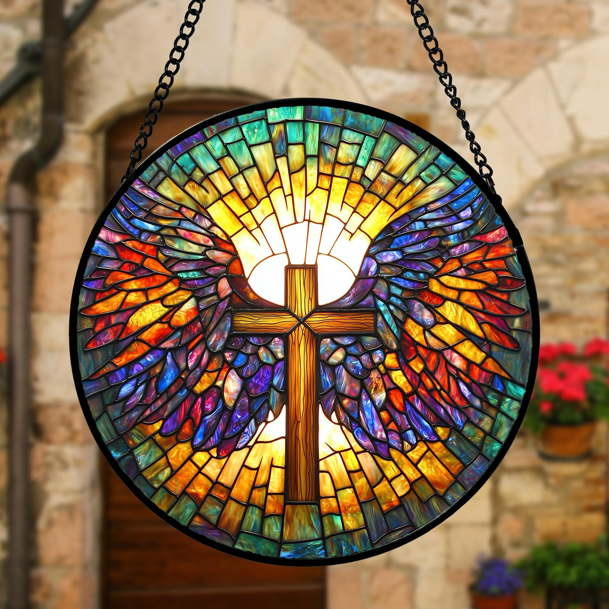 Ready-to-hang chain included with DASTOLL stained glass panel
