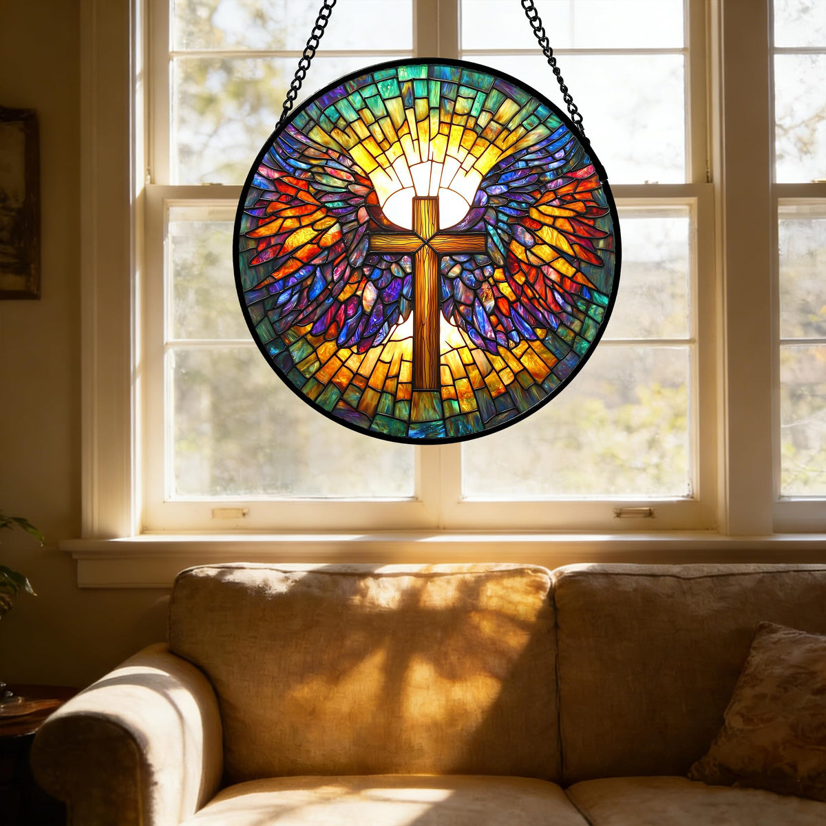 DASTOLL stained glass panel catches sunlight to warm rooms