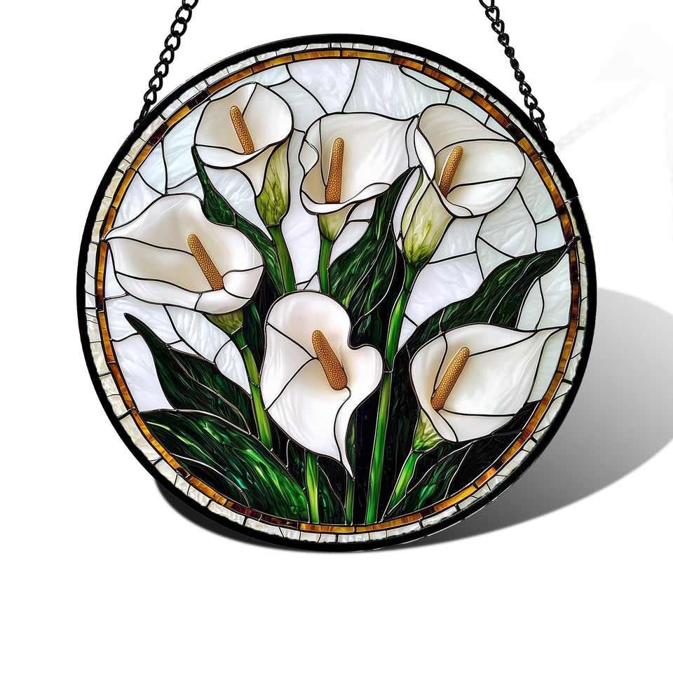 DASTOLL stained glass window hanging white Calla Lily, vibrant color when sunlight streams through