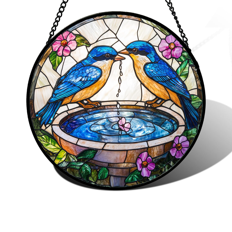 DASTOLL stained glass suncatcher with two blue birds brightens windows
