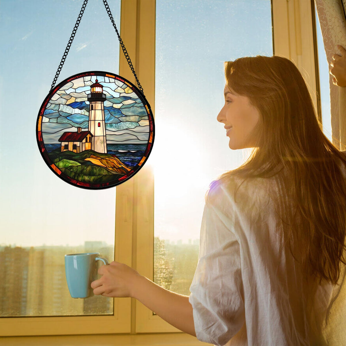 DASTOLL suncatcher glass panel in blue-green tones brightens windows for colorful light.
