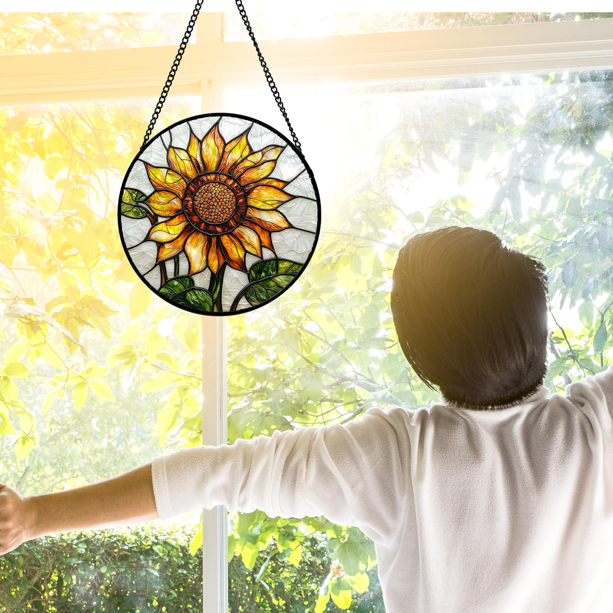 DASTOLL stained glass panel glows in sunlight enriching color