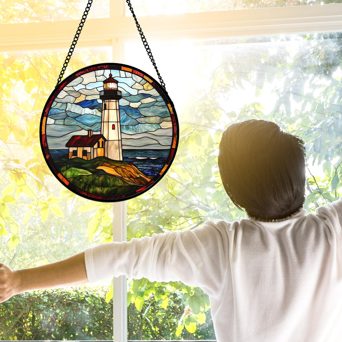 DASTOLL window decor hanging with chain for easy installation on windows or doors.