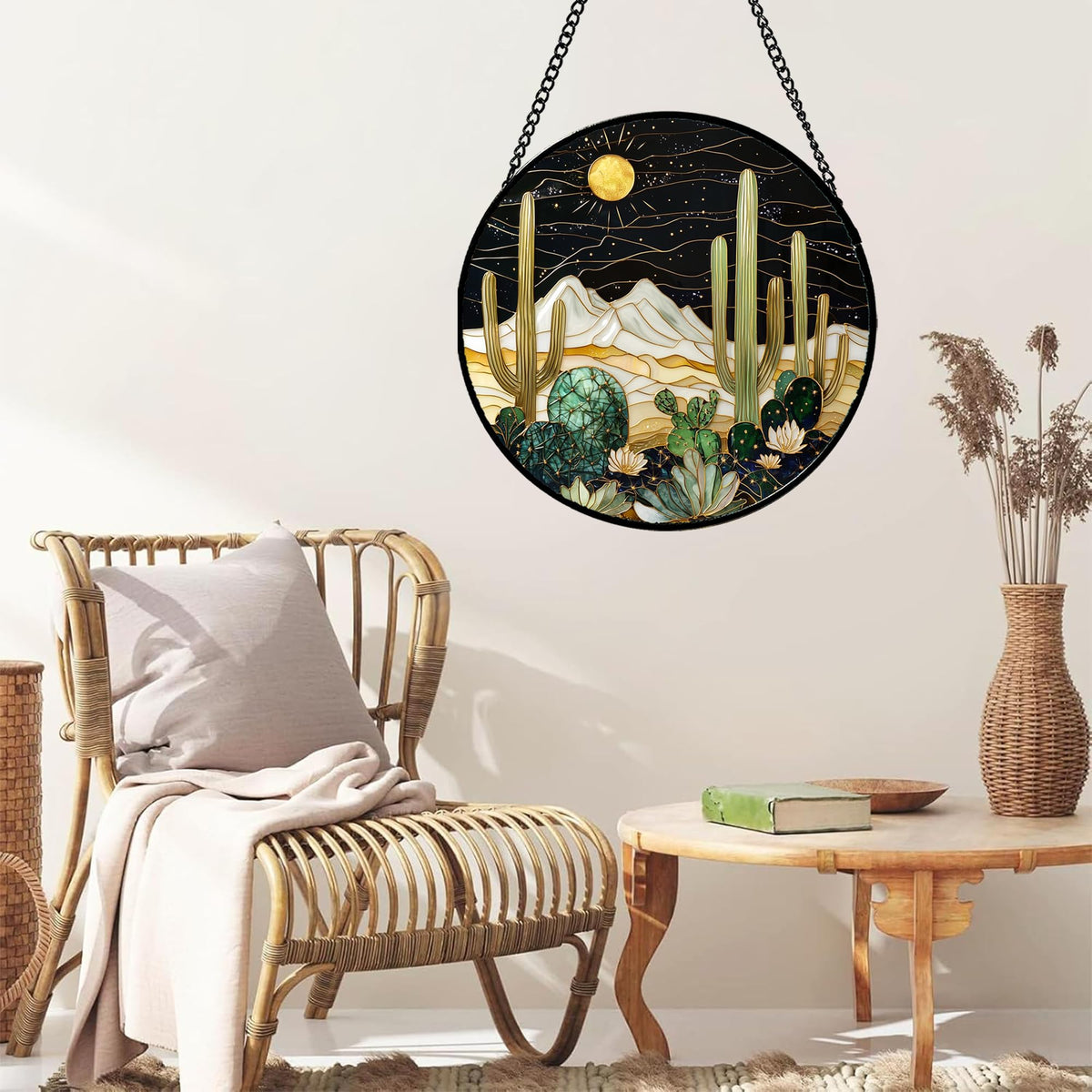DASTOLL stained glass decor cactus backlit by sun for bright home accents.