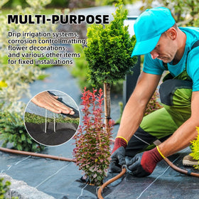 DaTpuik landscape fabric stakes for driplines and erosion control fabrics.