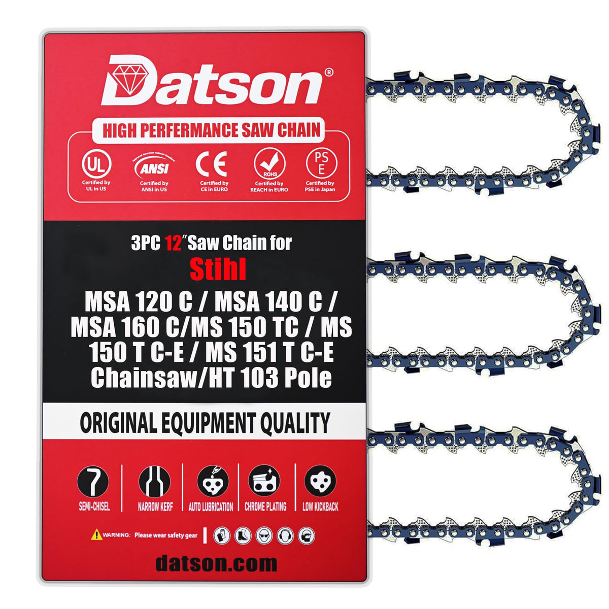 DatsenAAA 12-inch STIHL chain close-up highlights premium steel for precise cuts.