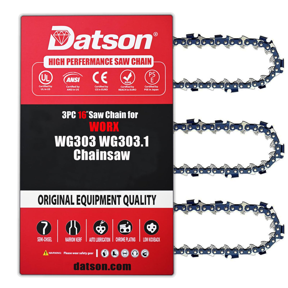 DatsenAAA 3PC 16-inch chain for WORX WG303 front view shows precise fit and smooth cutting