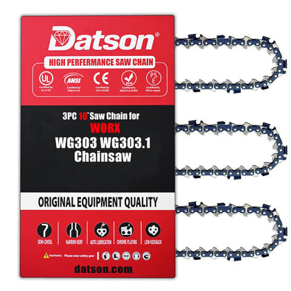 DatsenAAA 3PC 16-inch chain for WORX WG303 front view shows precise fit and smooth cutting