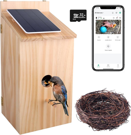 Daulpell Smart Bird House front view shows sturdy wooden design for outdoor use.