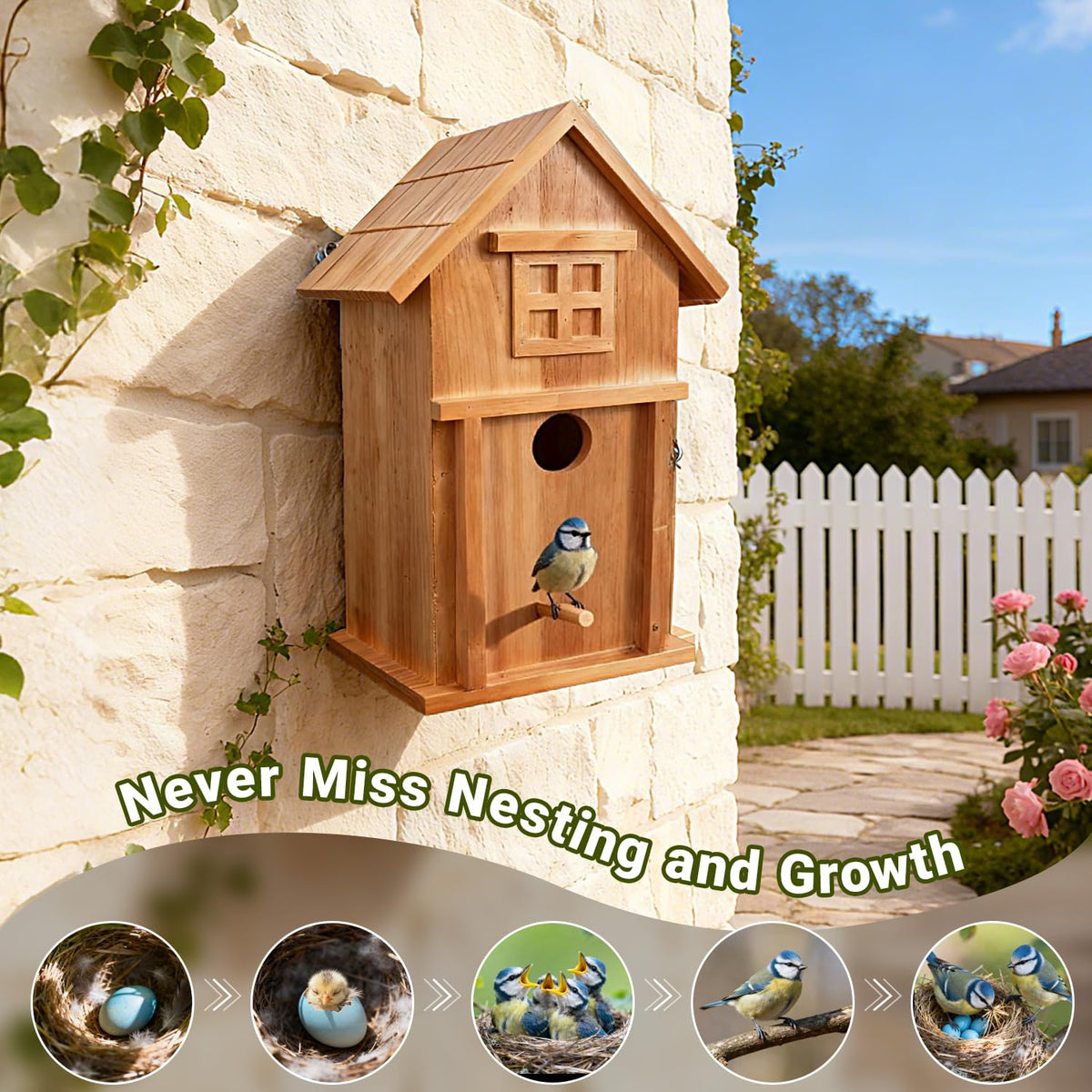 Daulpell solar powered birdhouse outdoor enclosure provides energy for continuous monitoring