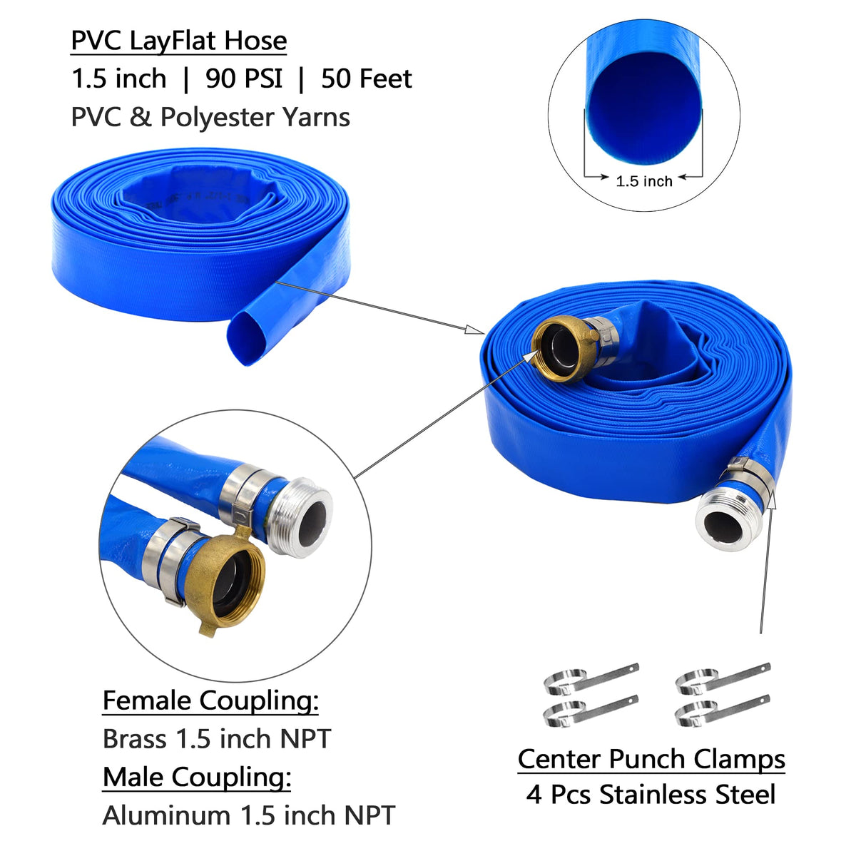 Blue DAVCO lay-flat PVC hose laid out for pool drainage tasks