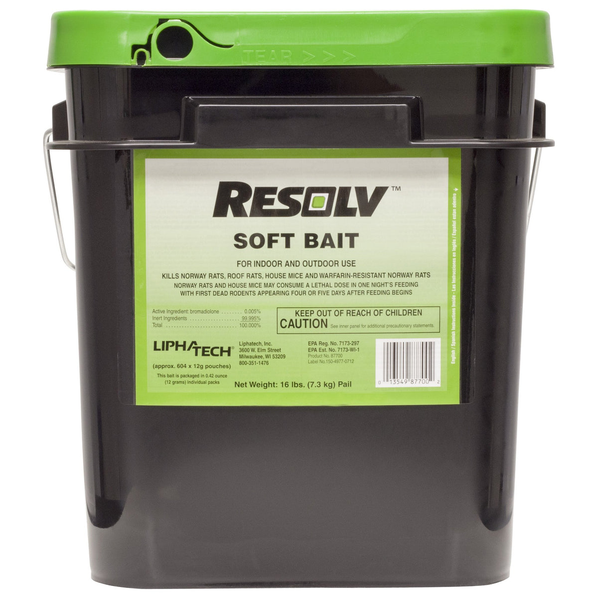DavesPestDefense Resolv Soft Bait 16lb pail for indoor and outdoor rodent control.