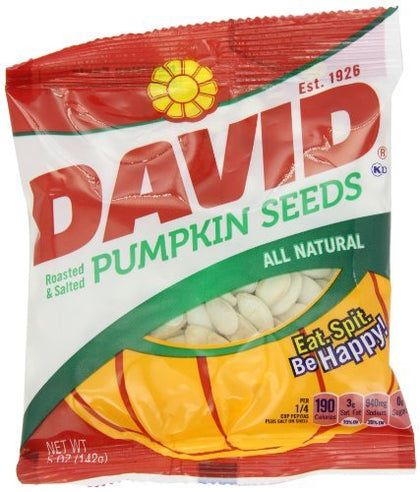 DAVID Seeds pumpkin seeds in a 5-ounce bag, perfect for a protein-rich snack.