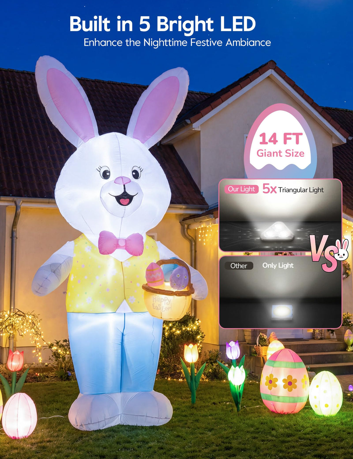 Dawdix LED lighting illuminates the Easter bunny inflatable for day and night curb appeal.