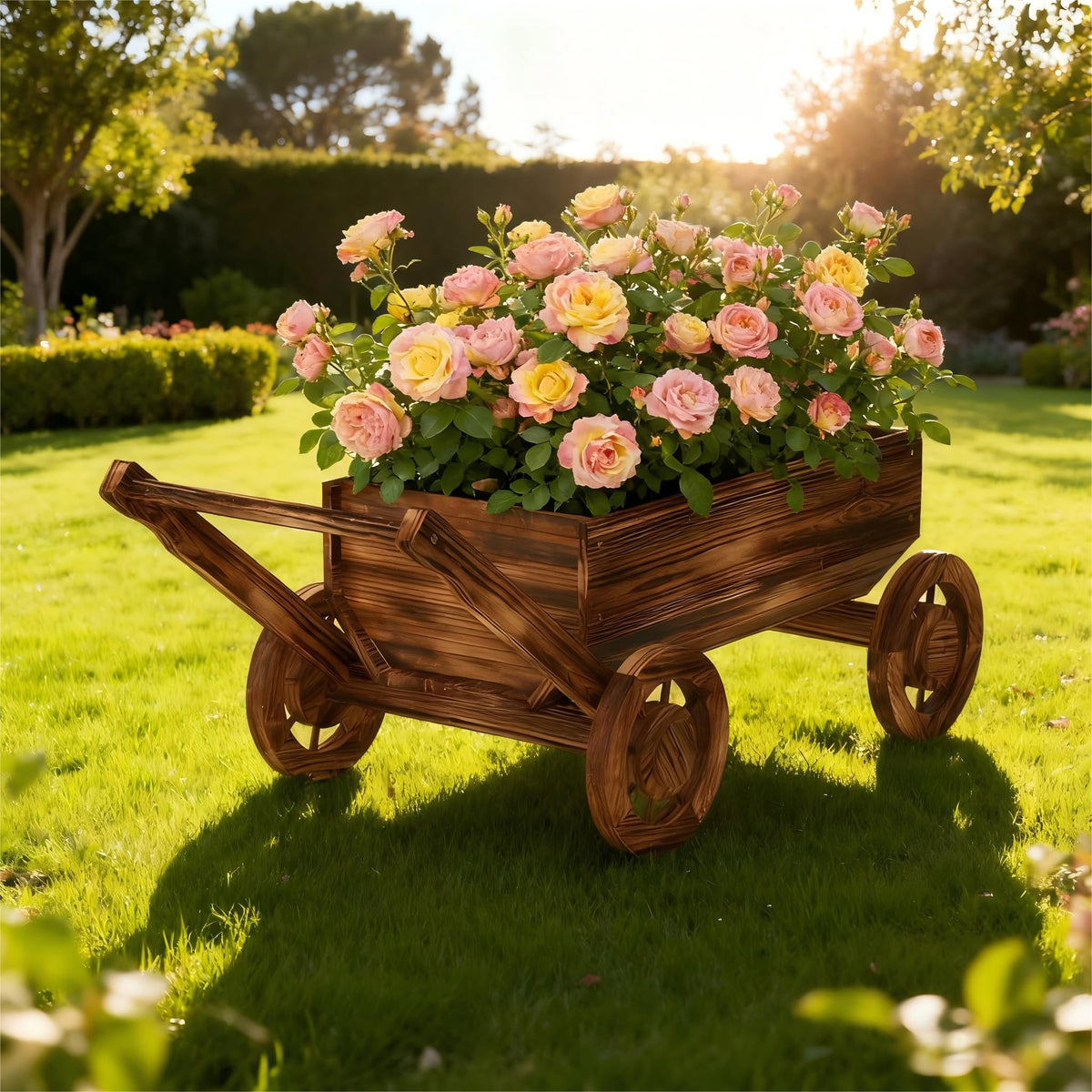 Dawnyard wooden wagon planter closeup, highlighting durable wood grain