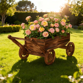 Dawnyard wooden wagon planter closeup, highlighting durable wood grain