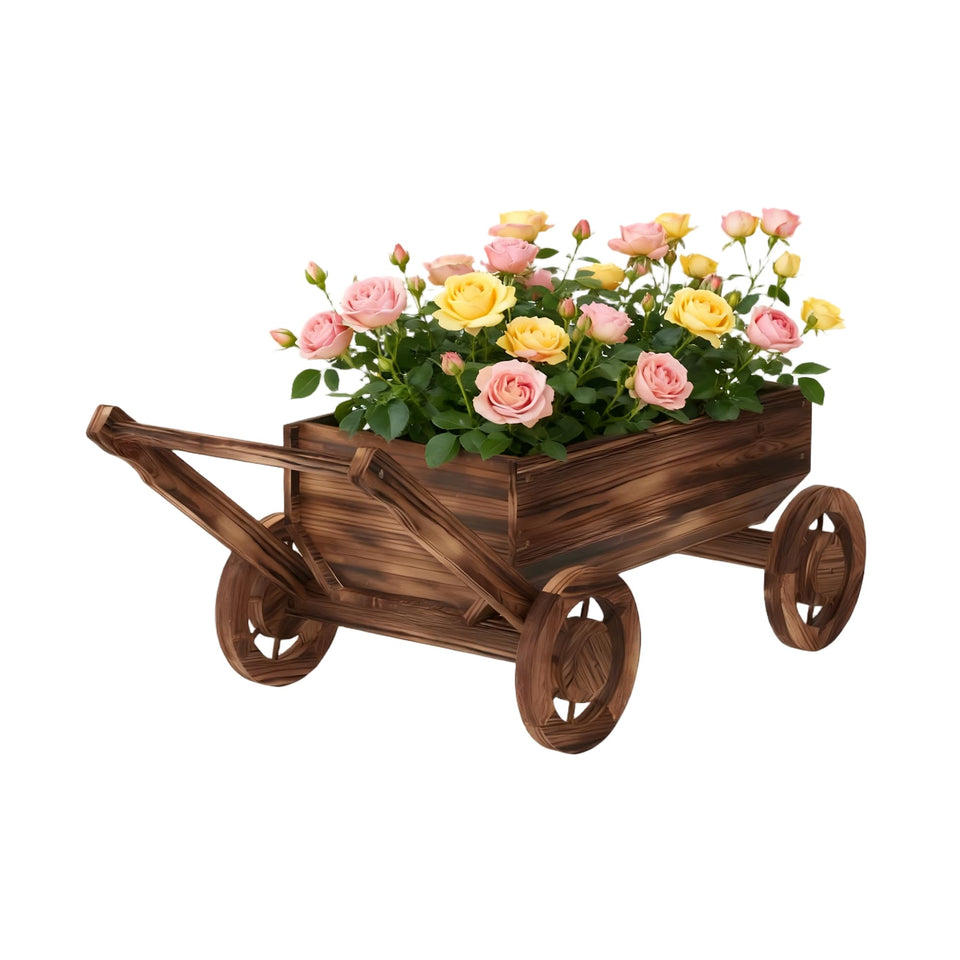 Dawnyard wooden wagon planter outdoors on patio, ideal for seasonal plants