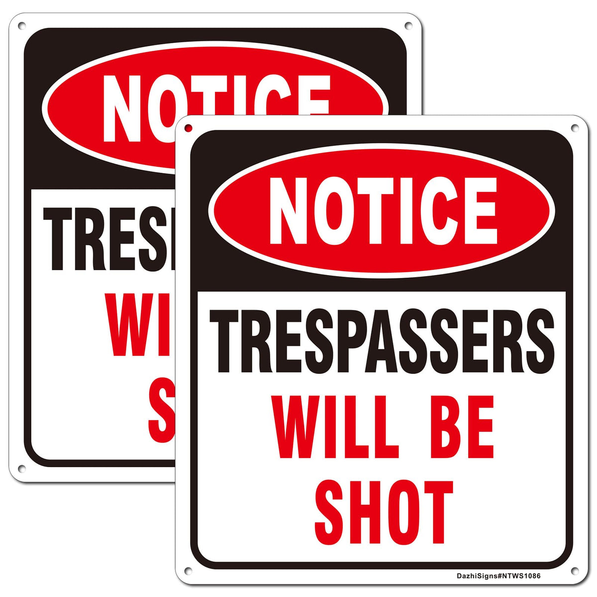 DazhiSigns Notice Trespassers Will Be Shot sign, 2-pack, clearly visible warning for private property at a distance.