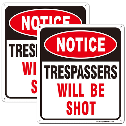 DazhiSigns Notice Trespassers Will Be Shot sign, 2-pack, clearly visible warning for private property at a distance.