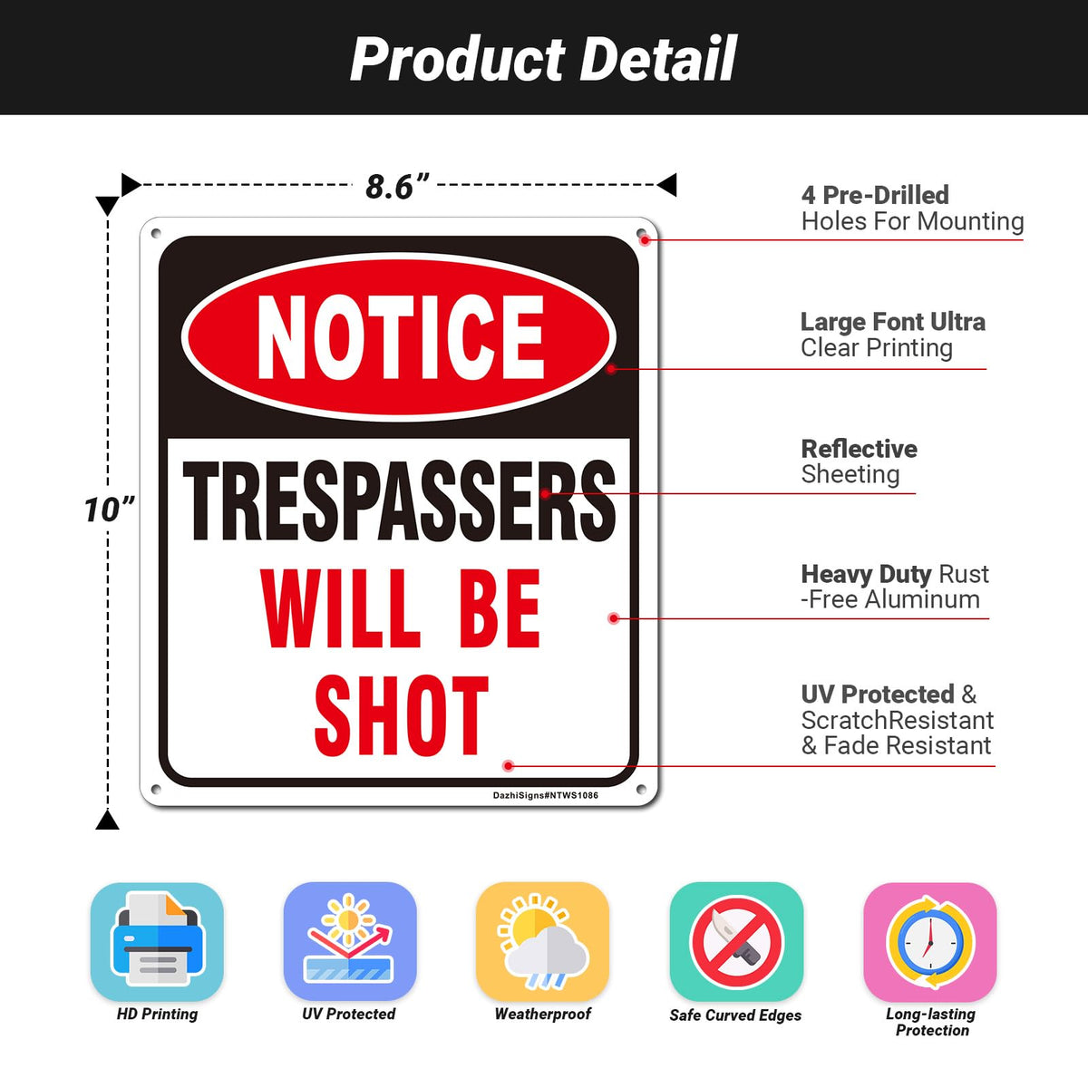 DazhiSigns Private Property Sign No Trespassing 10x8.6 inches, durable aluminum for outdoor fencing.