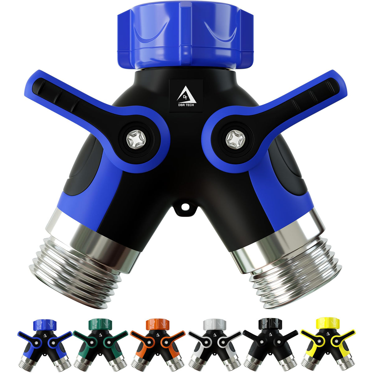 DBR Tech hose splitter two-way in use for watering two garden sections
