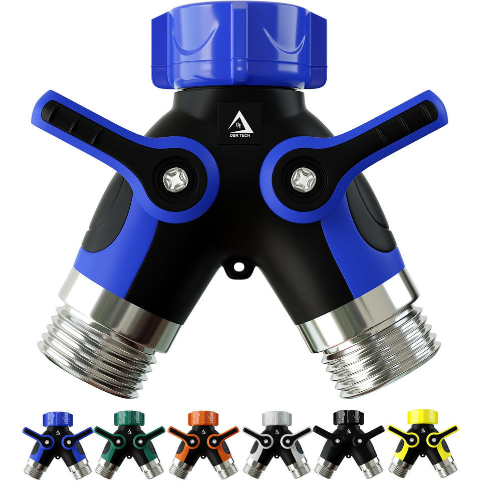 DBR Tech hose splitter two-way in use for watering two garden sections