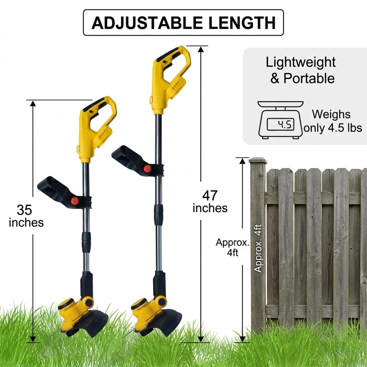 DBUOWM lightweight weed wacker at 4.3 pounds for easy handling.