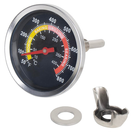 DcYourHome charcoal grill thermometer closeup highlights durable stainless steel dial for precise readings.