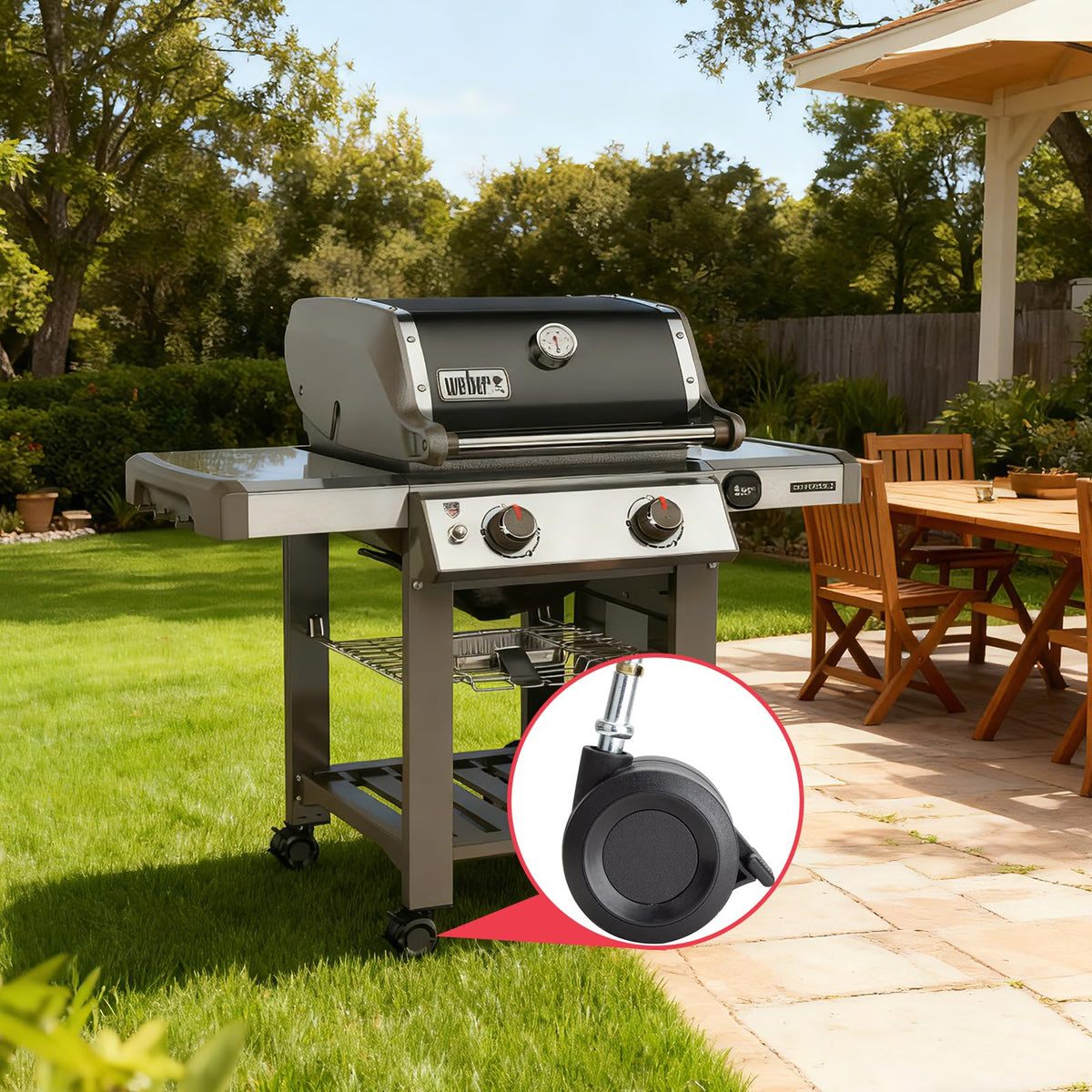 DcYourHome easy-move wheels simplify cleaning and repositioning the grill.