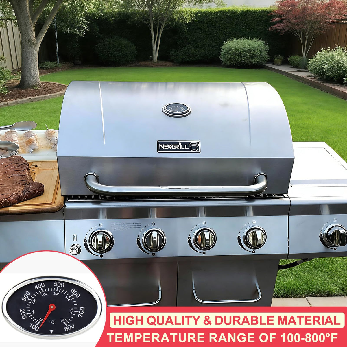 DcYourHome grill thermometer compatibility highlight, fits Nexgrill and other major brands.