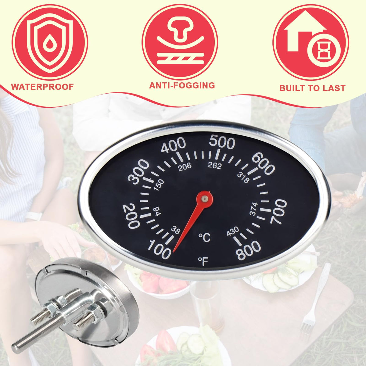 DcYourHome grill thermometer dial and scale detail for clear temperature supervision.