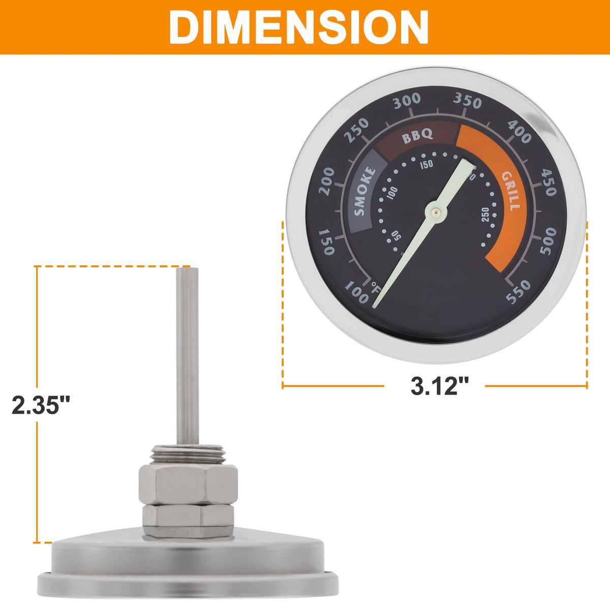 DcYourHome smoker thermometer dial clearly displays Fahrenheit temperatures for precise cooking.