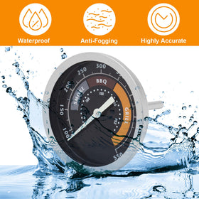 DcYourHome smoker thermometer waterproof panel resists rain for year-round grilling.