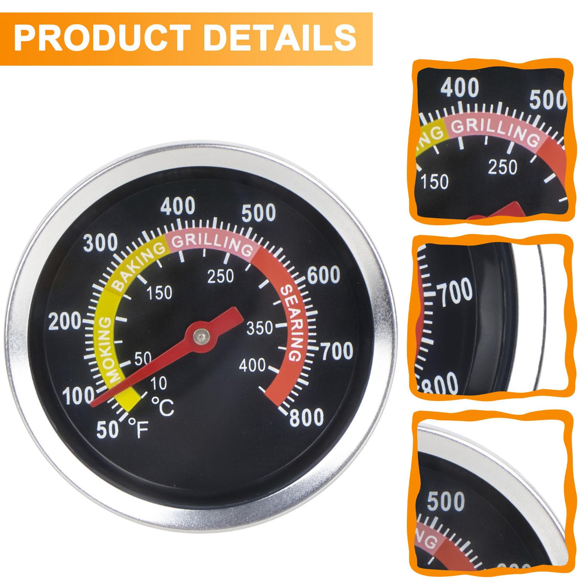 DcYourHome stainless steel lid thermometer on grill for reliable monitoring.