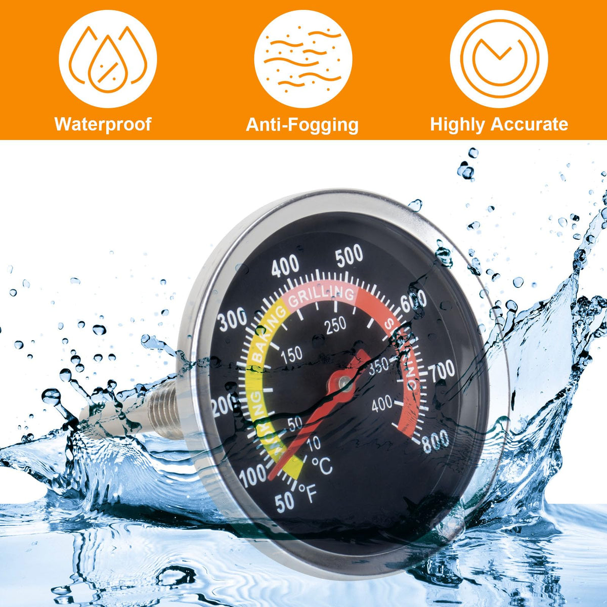 DcYourHome thermometer stem mounted on grill lid for quick checks.