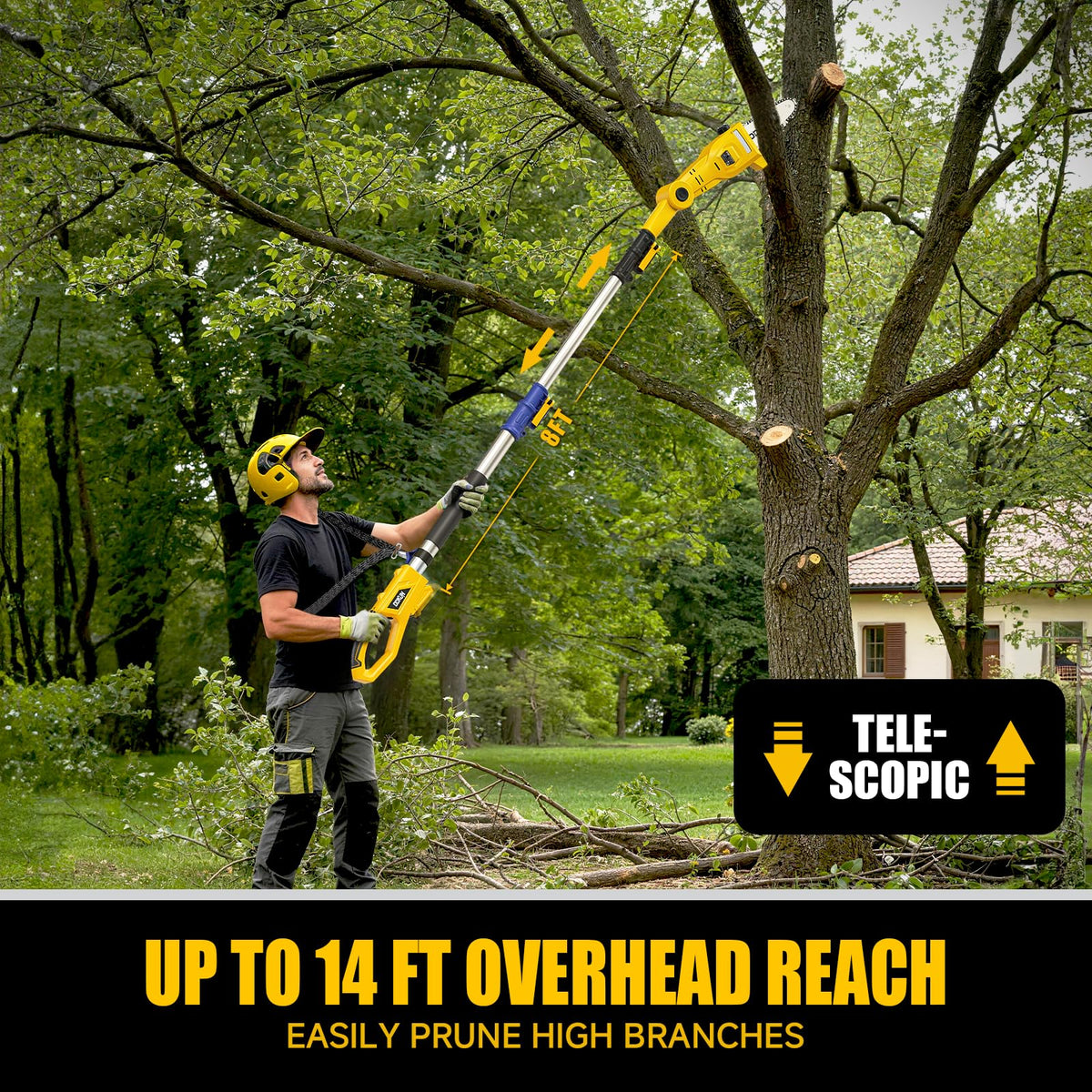 DDKUN pole saw shown with DeWalt 20V battery compatibility for flexible power.