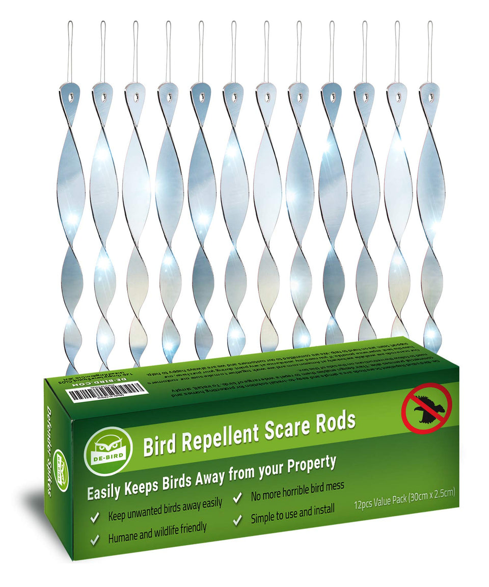 De-Bird acrylic scare rods with reflective glare deter birds from gardens.