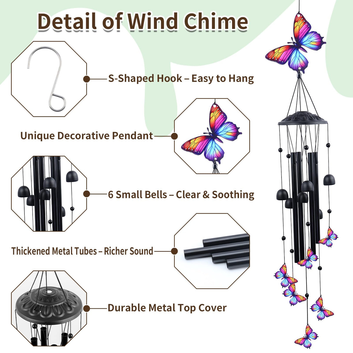 Bells and tubes produce gentle, calming tones with light, cheerful chimes.