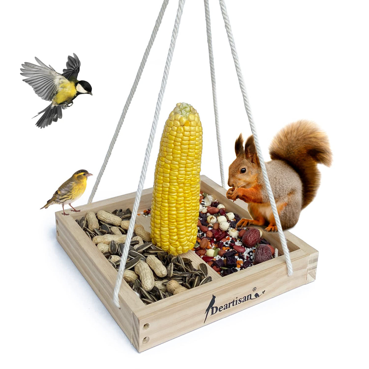Deartisan platform feeder with cedar tray attracts wild birds in the yard.
